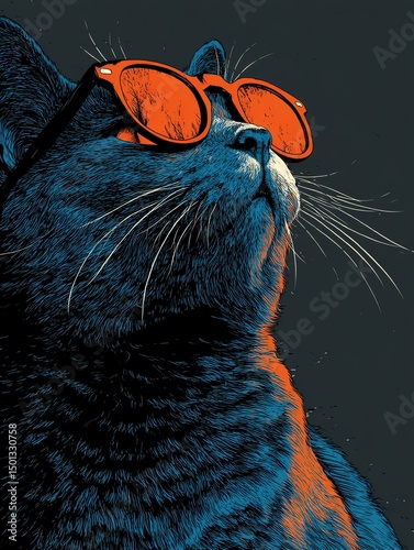 cool cat with sunglasses for fun pet-themed design and creative branding projects A cool cat in vibrant sunglasses, exuding confidence and style against a dark background.