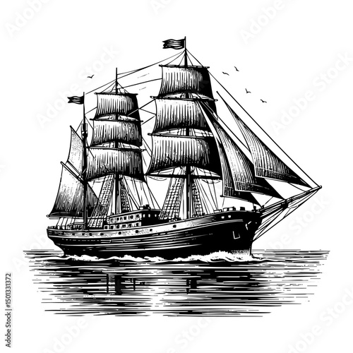Retro ship engraving sketch engraving black and white outline. Scratch board imitation.  illustrated in vintage line art style on a white background.