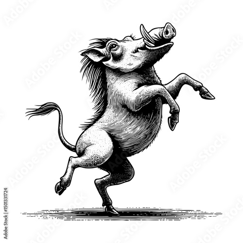 Boar dancing sketch engraving black and white outline. Scratch board imitation.  illustrated in vintage line art style on a white background.