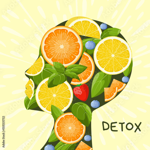 Detox. A human head with fresh fruits. Diet and healthy eating. Vector.