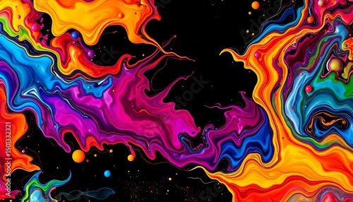 Shiny black background with vibrant, abstract fluid paint textures; energetic color mix, color, texture-background