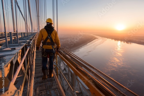 Bridge Inspector in Safety Gear Taking Notes from Steel Girder High Above City River Crossing, Bright Reflections and Vertical Depth, Structural Inspection, Urban Infrastructure, Industrial Safety