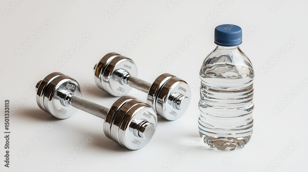 Obraz premium Dumbbells and water bottle are essential gym equipment for fitness enthusiasts, promoting strength training and hydration