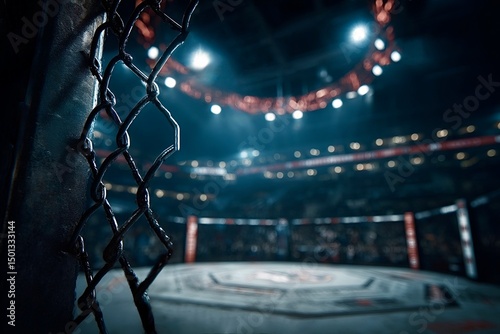Empty fighting ring behind metal cage in blurred stadium lights