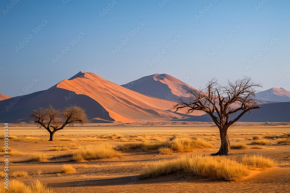 Fototapeta premium Golden Sand Dunes with Ancient Petrified Trees in Remote Namib Desert at Dawn, Stretching Shadows, Desert Landscape, Arid Nature, African Wilderness, Sunrise Light, Natural Desert Scene, Remote Enviro