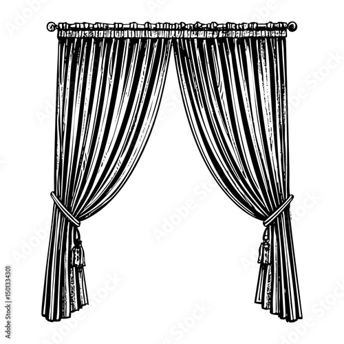 Curtain sketch engraving black and white outline. Scratch board imitation.  illustrated in vintage line art style on a white background.