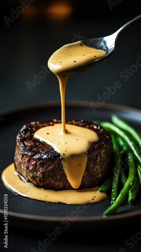 Steak with creamy sauce and green beans served on a dark plate in an upscale dining setting