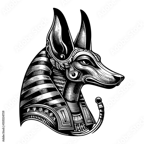 Anubis sketch engraving black and white outline. Scratch board imitation.  illustrated in vintage line art style on a white background.