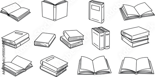 Book icons set in thin line style, isolated on white background, vector illustration.
