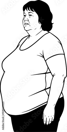 Vector silhouette of obese middle age women clipart on a white background
