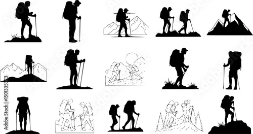 Hiking and trekking silhouette designs clipart on a white background

