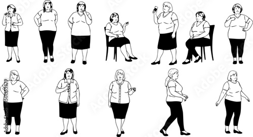 Vector silhouette of obese middle age women clipart on a white background
