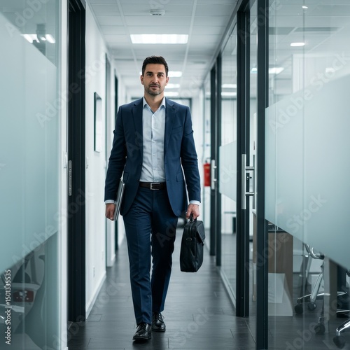 Photo of Businessman in Suit Walking Confidently in Office Corridor
