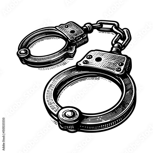 Handcuff sketch engraving black and white outline. Scratch board imitation.  illustrated in vintage line art style on a white background.