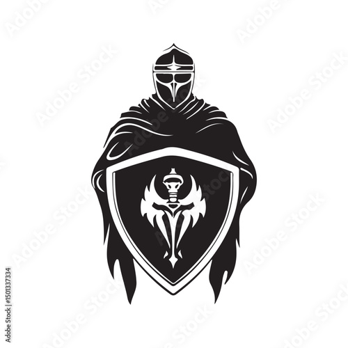 Vector illustration of a brave soldier holding a shield in a battle-ready posture, showing strength and courage isolated on white background.