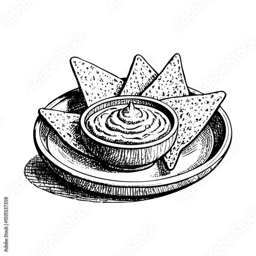 Nachos sketch engraving black and white outline. Scratch board imitation. illustrated in vintage line art style on a white background.