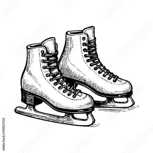 Ice skating shoe engraving black and white outline. Scratch board imitation.  illustrated in vintage line art style on a white background.