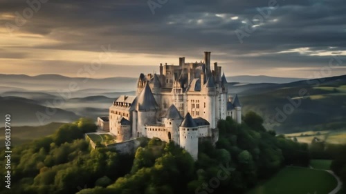 Majestic Castle at Sunrise on a Forested Hill