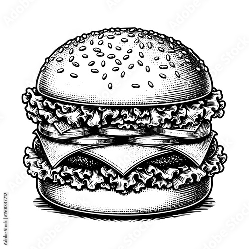 Hamburger sketch engraving black and white outline. Scratch board imitation.  illustrated in vintage line art style on a white background.