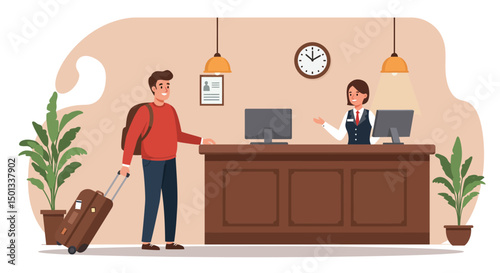 Smiling Traveler Arriving at Hotel Reception with Luggage and Greeting