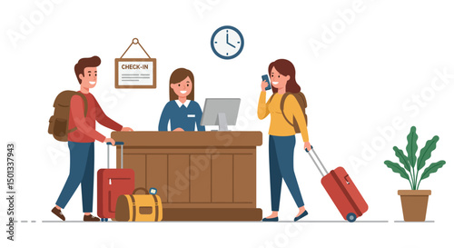 Travelers checking in at the hotel reception with friendly staff and luggage