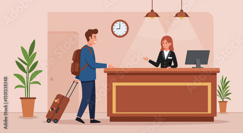 Hotel checkin scene with traveler and receptionist at the front desk