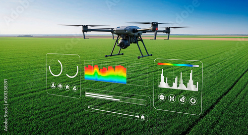 AI drone monitors crops precision agriculture smart farming technology concept aerial view green agricultural field future farming innovation.