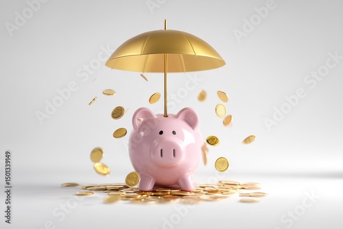 Pink Ceramic Piggy Bank Under Golden Umbrella with Falling Coins, Financial Protection and Savings Security Concept, White Background with Soft Shadows, Money Safety, Wealth Symbol, Investment