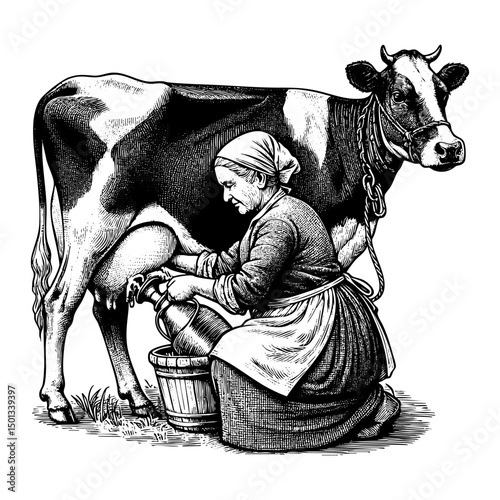 Old woman milking cow sketch engraving black and white outline. Scratch board imitation.  illustrated in vintage line art style on a white background.