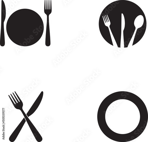 minimalist black and white food icons featuring fork, spoon, knife, plate, and bowl illustrations for culinary design