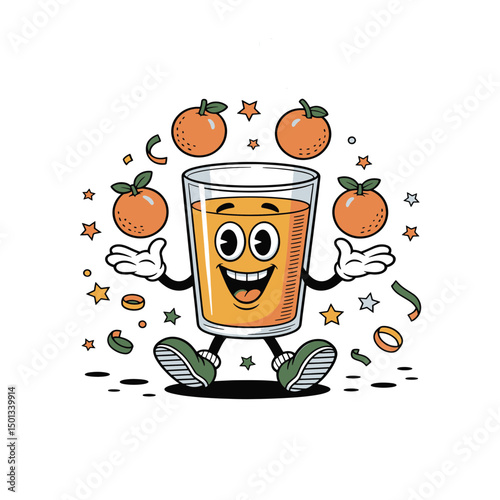 Cheerful orange juice character juggling oranges at a festive celebration