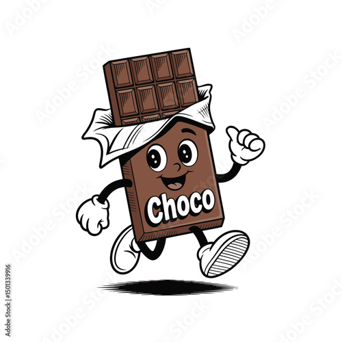 Cartoon chocolate character happily running with a big smile and energetic expression in a playful setting