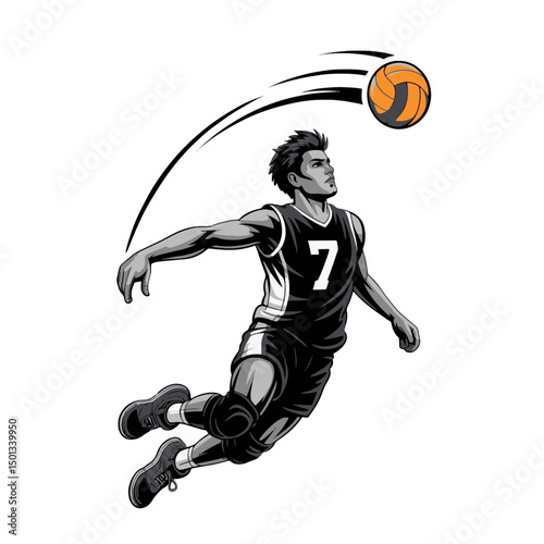 Dynamic volleyball player spikes ball during match action in a competitive game
