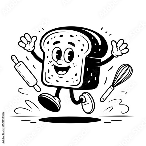 Happy slice of bread character joyfully baking in a kitchen with rolling pin and whisk