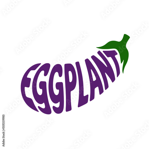 Bright and playful design featuring the word eggplant in bold purple letters with a green leaf element on top