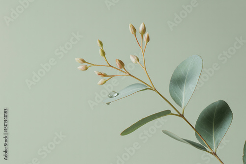 Single eucalyptus branch with pale green leaves and pinkish buds on a sage green background in soft light

