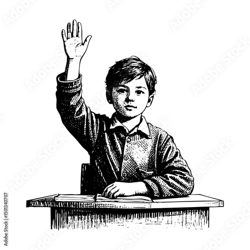 Student rise hand to asking in classroom engraving black and white outline. Scratch board imitation.  illustrated in vintage line art style on a white background.