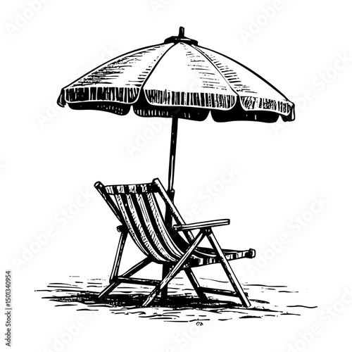 Umbrella and seat on beach sketch engraving black and white outline. Scratch board imitation.  illustrated in vintage line art style on a white background.