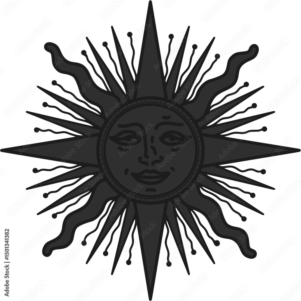 Fototapeta premium antique sun illustration; vintage solar depiction