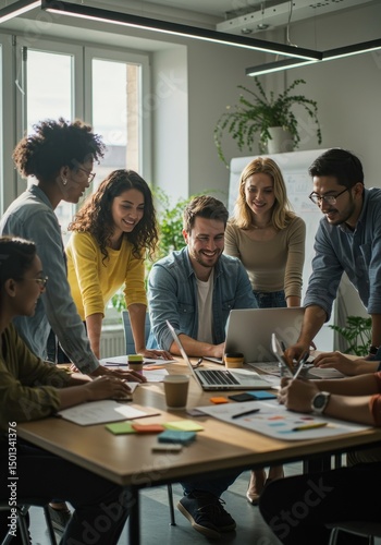 Photo of Collaborative Team Meeting Around Table with Laptop and Papers
