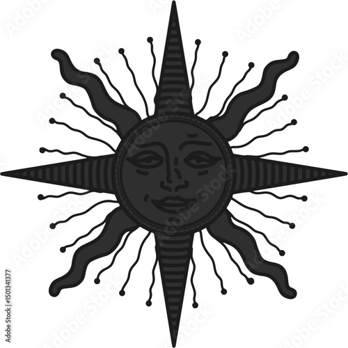 antique sun illustration; vintage solar depiction