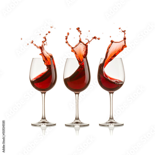 Three glasses red wine splashing dynamic action image on transparent background