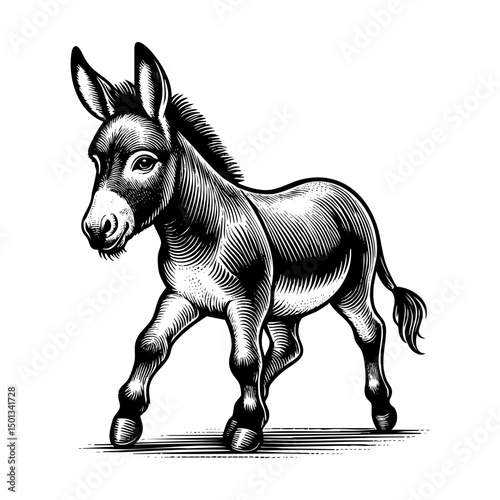 donkey sketch engraving black and white outline. Scratch board imitation.