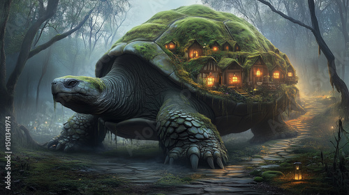 Giant turtle with mossy shell carrying glowing cottages through a misty enchanted forest