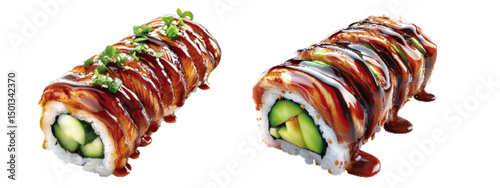 Delicious sushi rolls topped with sweet sauce and garnished with green onions, showcasing fresh cucumber and avocado fillings