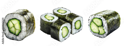 Fresh cucumber sushi rolls arranged on a white background, showcasing vibrant green cucumber filling wrapped in seaweed and rice
