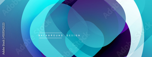 Abstract layered shapes create dynamic background. Blue, purple hues dominate design, offering modern aesthetic. Smooth gradients present visual depth.