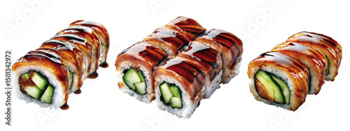 Three varieties of sushi rolls featuring eel and cucumber drizzled with sweet sauce on a white background