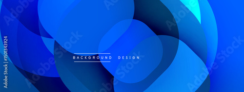 Abstract blue design features overlapping rounded shapes. Gradient shades create dynamic visual effect. Modern background element.