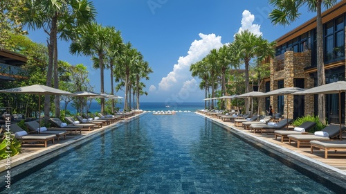 Tropical resort infinity pool landscape view.